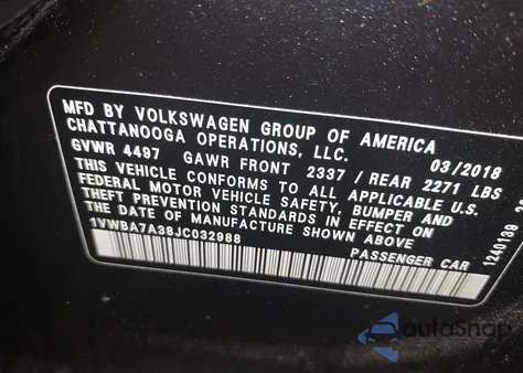 2018 Volkswagen Passat 2.0T Se z USA, uszkodzony, nr VIN 1VWBA7A38JC032988